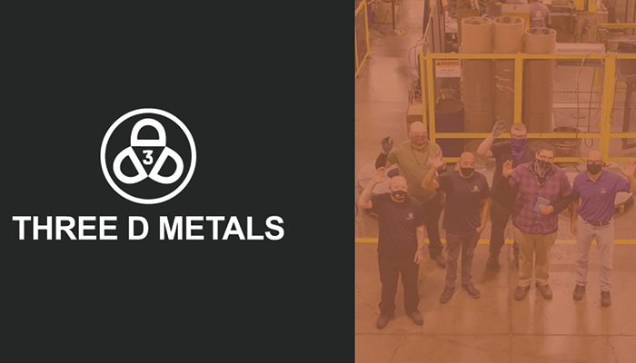 Group of Three D Metals employees standing on the shop floor and waving.