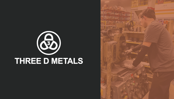 Three D Metals employee working at machine, Three D Metals logo